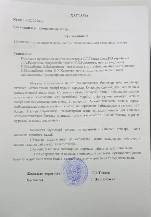 Тамақтану сапасын жүргізу актісі