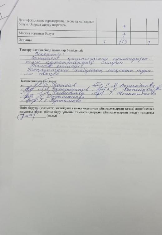Хаттама. Тамақтану сапасын жүргізу актісі