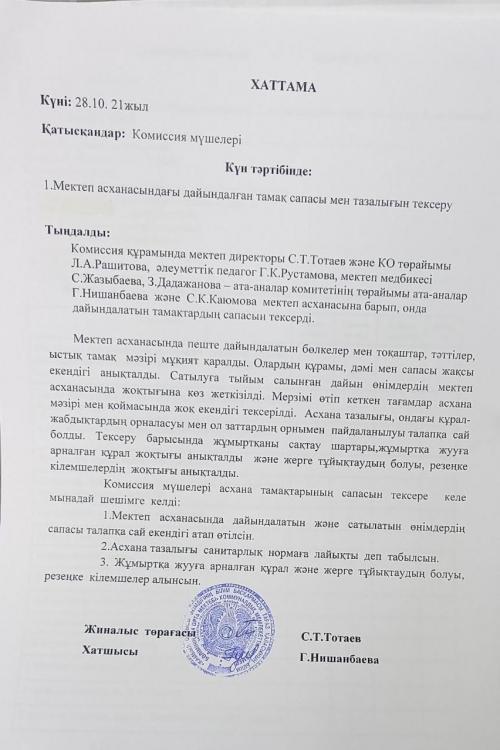 Хаттама. Тамақтану сапасын жүргізу актісі