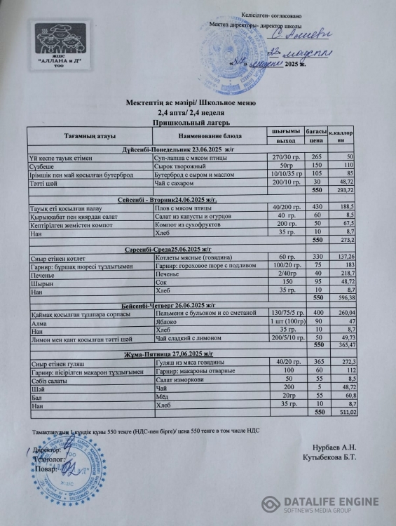 Мектеп жанындағы лагерь ас мәзірі