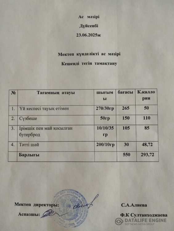 Мектеп жанындағы лагерь ас мәзірі