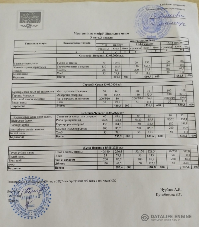 Апталық ас мәзірі 12.05.2026-15.05.2026