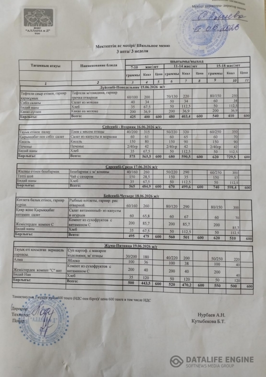 Апталық ас мәзірі 15.06.2026-19.06.2026